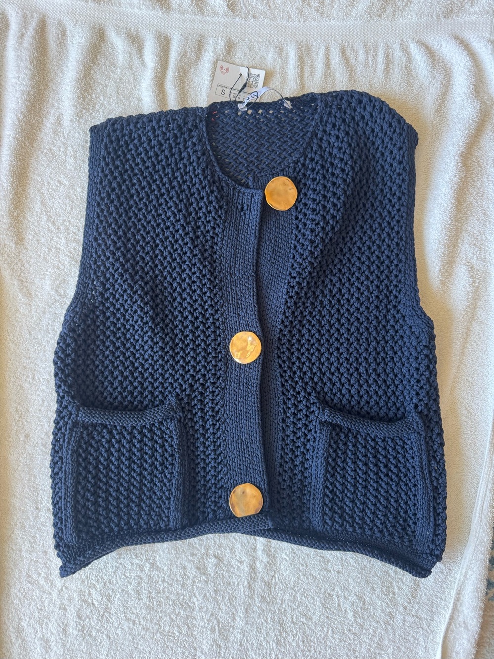 Zara Navy Chunky Knit Button Vest with Bronze Buttons